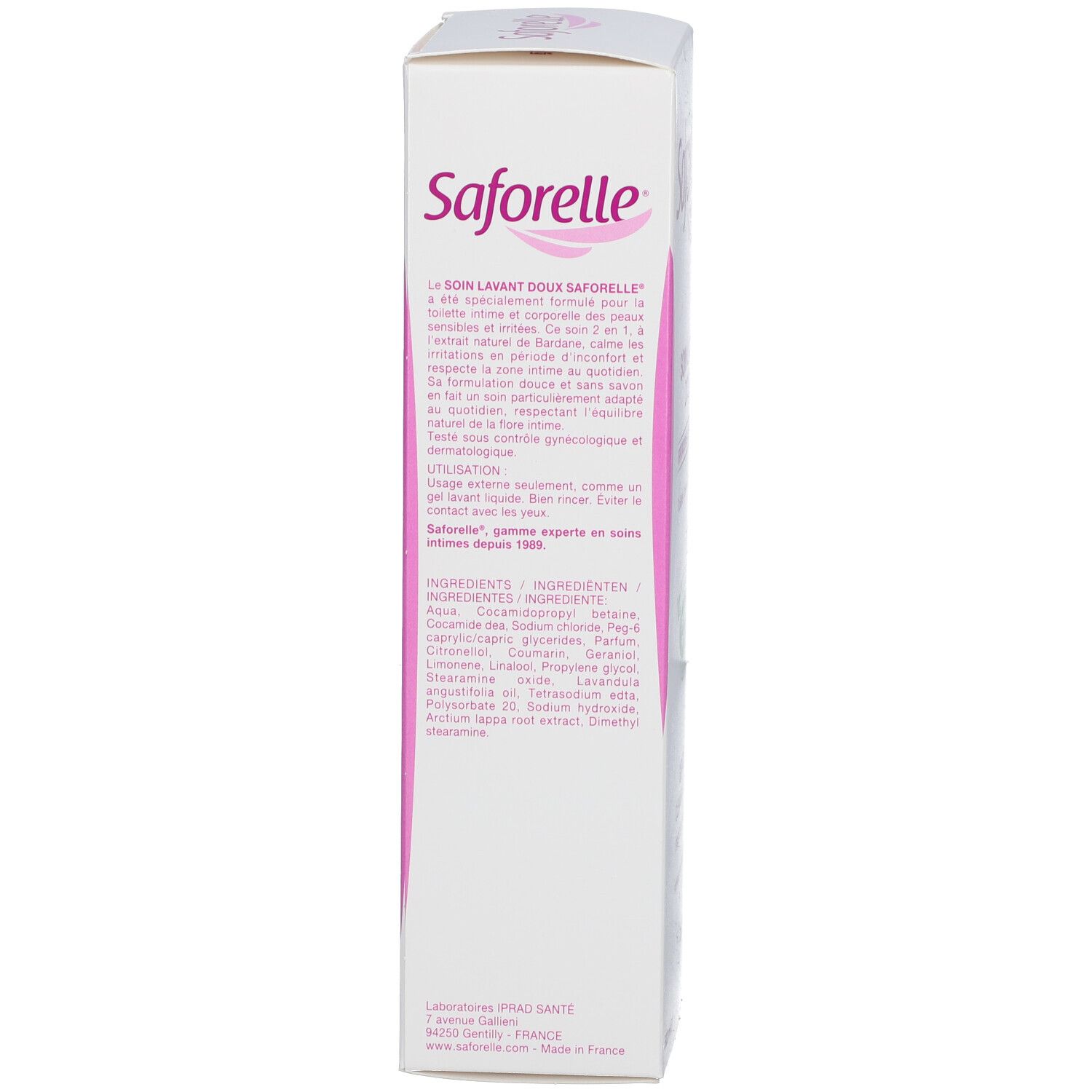 Emballage Saforelle. Texte multilingue. Informations sur le produit et son utilisation.