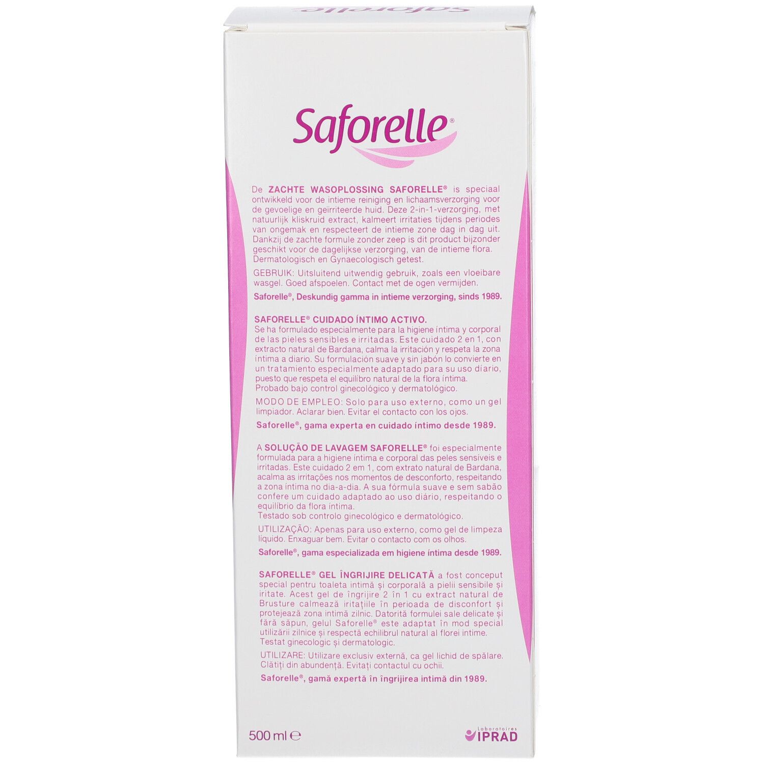 Emballage Saforelle. Texte multilingue. Informations sur le produit et son utilisation.