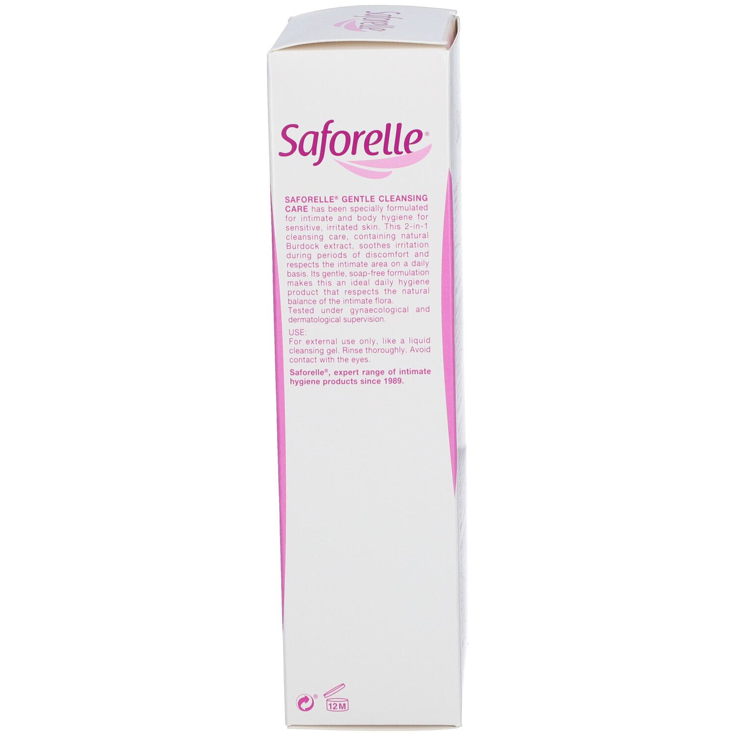 Emballage Saforelle. Texte multilingue. Informations sur le produit et son utilisation.