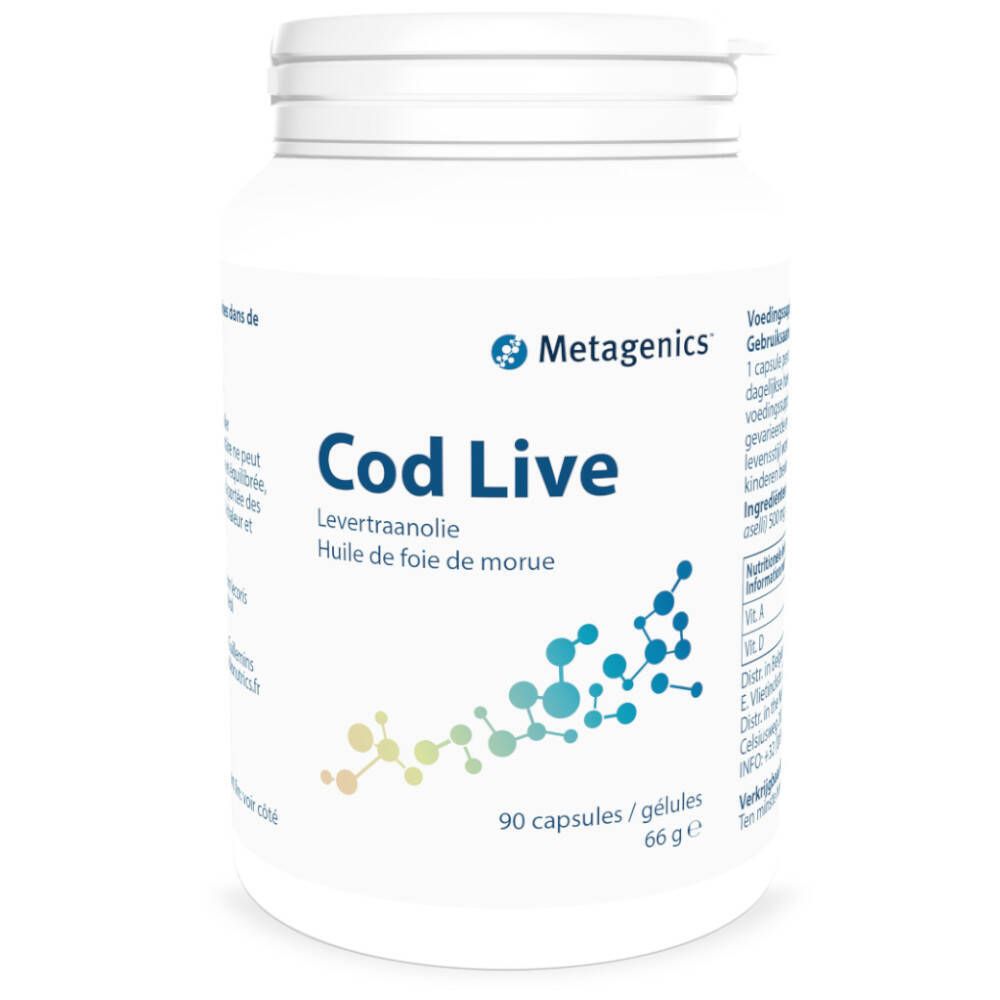 Witte pot met "Cod Live". Bevat 90 capsules. Merk: Metagenics. Levertraanolie.