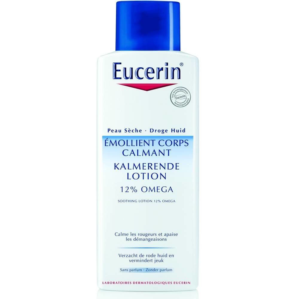 Witte fles met blauwe dop. Opschrift Eucerin, tekst in meerdere talen: Emollient Corps Calmant Lotion 12% Omega.