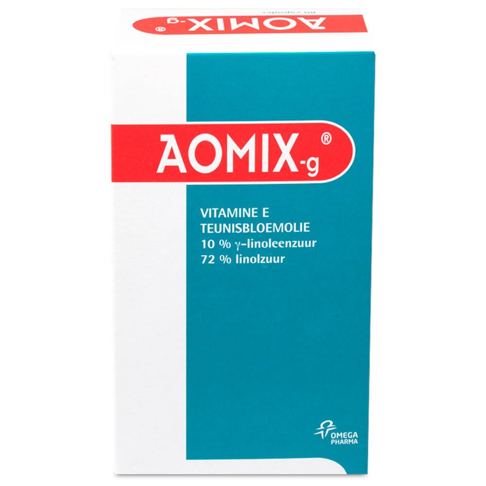 Verpakking van Aomix-g. Rode en witte doos met productnaam en ingrediënten. Omega Pharma logo.