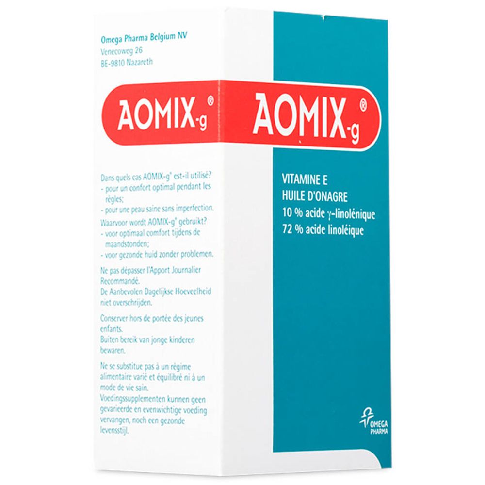 Verpakking van Aomix-g. Doos met productnaam, ingrediënten en tekst. Omega Pharma logo. Achterkant met tekst.