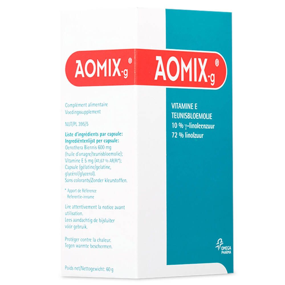 Verpakking van Aomix-g. Doos met productnaam, ingrediënten en tekst. Omega Pharma logo. Bevat capsules.