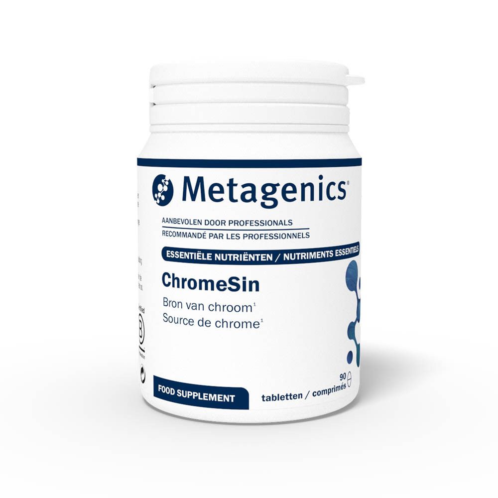 Zwei weiße Tablettenflaschen. Die größere Flasche zeigt den Produktnamen ChromeSin und 90 Tabletten.