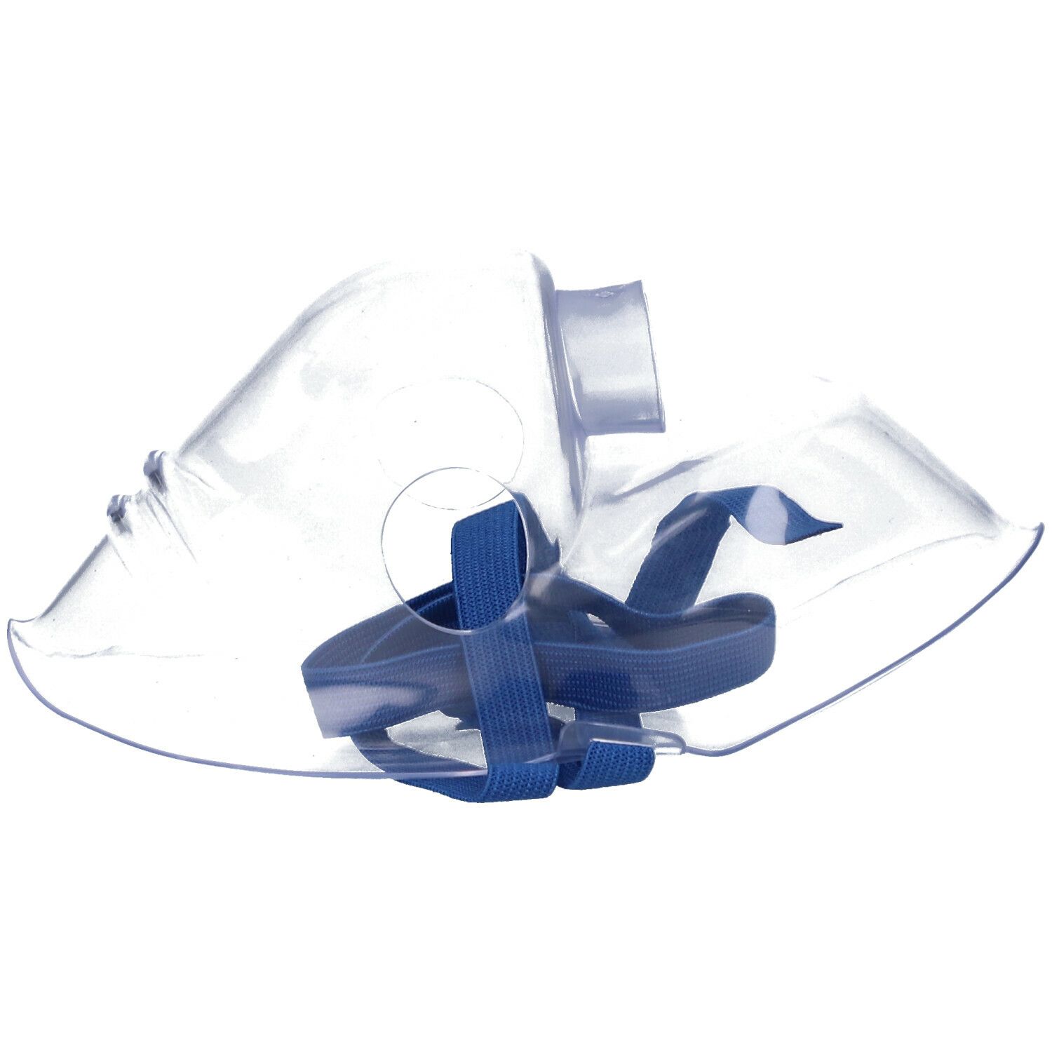 Masque respiratoire en plastique transparent avec sangle bleue. Vue latérale.