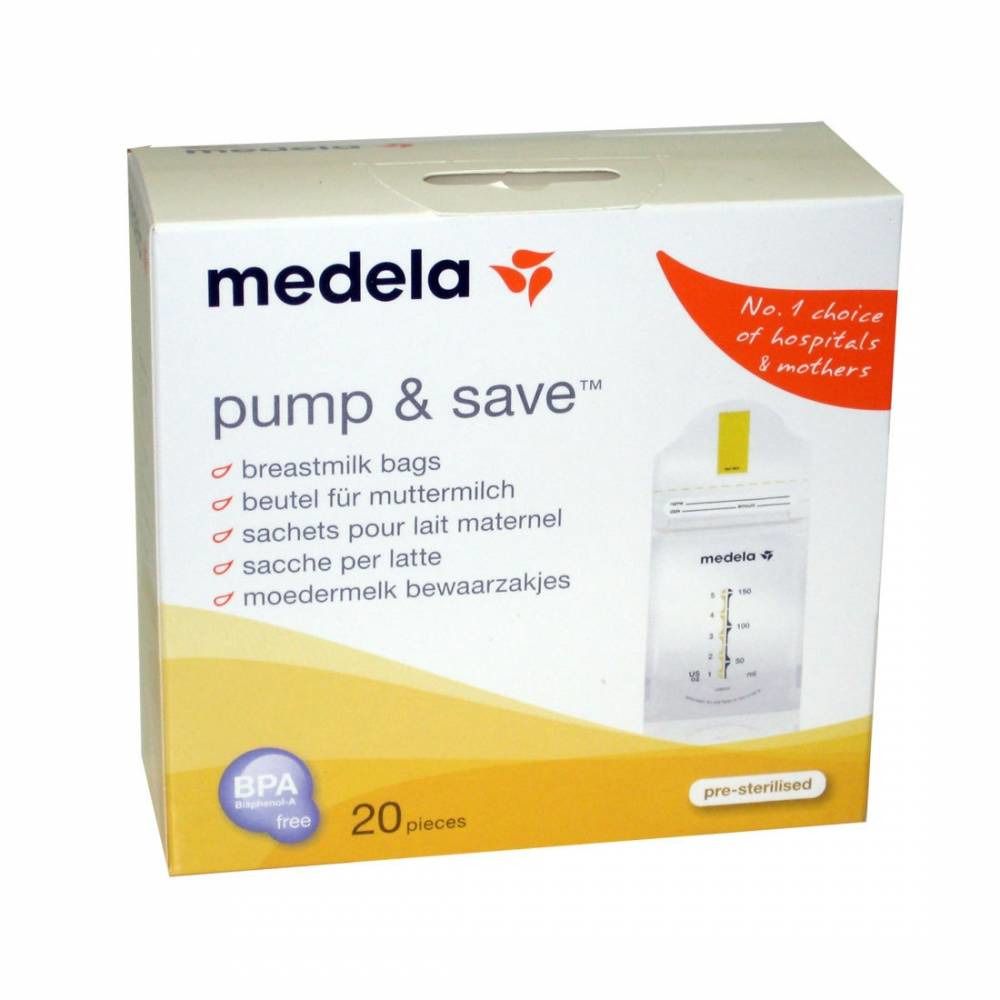 Verpackung von Medela Pump & Save. Enthält Muttermilchbeutel. Aufschrift: BPA-frei, 20 Stück. Auf der Verpackung ist ein Muttermilchbeutel abgebildet.