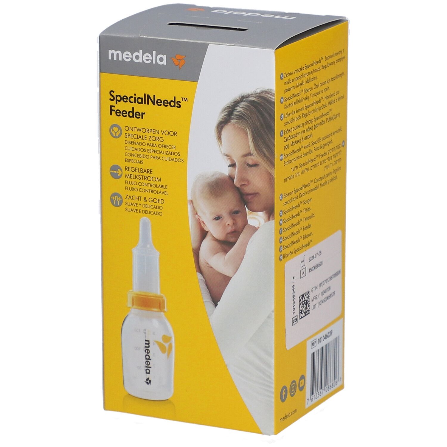Verpackung der Medela SpecialNeeds Feeder. Auf der Vorderseite sind eine Mutter und ein Baby abgebildet. Das Produkt ist in der Verpackung abgebildet.