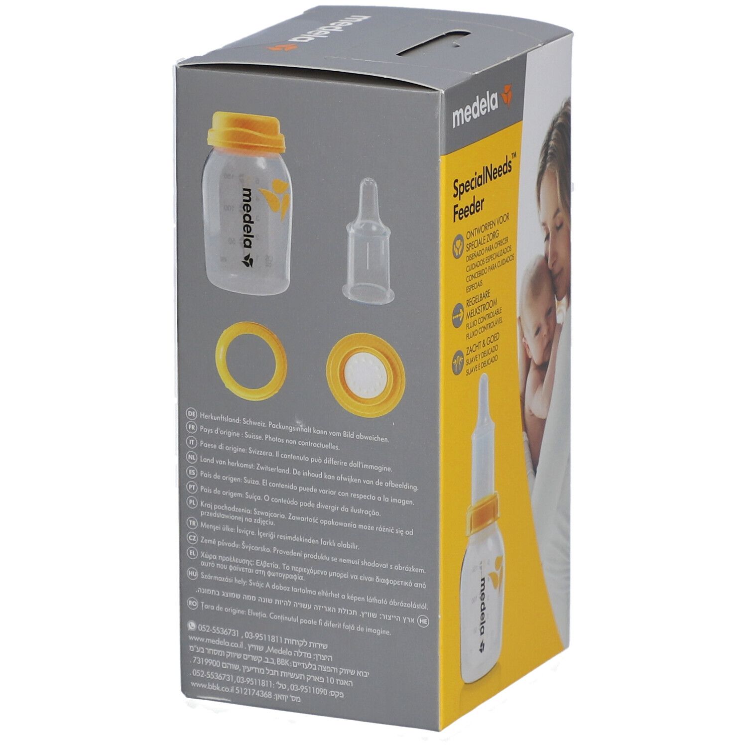 Verpackung der Medela SpecialNeeds Feeder. Auf der Rückseite sind Produktkomponenten abgebildet. Text in mehreren Sprachen.