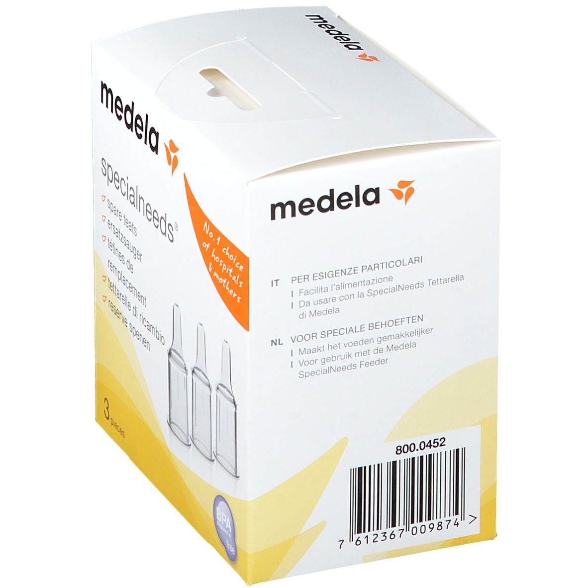 Dos de l'emballage Medela SpecialNeeds. Inscription: Pour besoins spéciaux. Code-barres et numéro d'article. Sans BPA. 3 tétines de remplacement visibles.