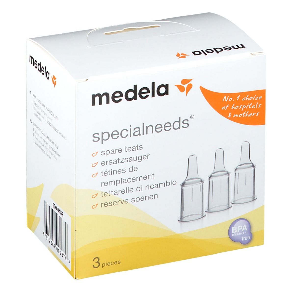 Tétines de remplacement Medela SpecialNeeds en boîte. 3 pièces. Sans BPA. Inscriptions: spare teats, ersatzsauger, tétines de remplacement, tettarelle di ricambio, reserve spenen.