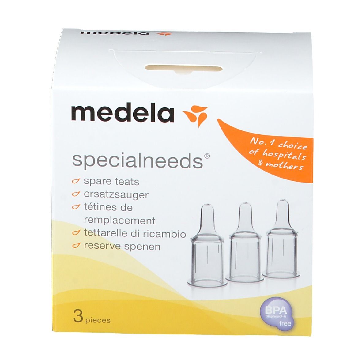 Tétines de remplacement Medela SpecialNeeds en boîte. 3 pièces. Sans BPA. Inscriptions: spare teats, ersatzsauger, tétines de remplacement, tettarelle di ricambio, reserve spenen.