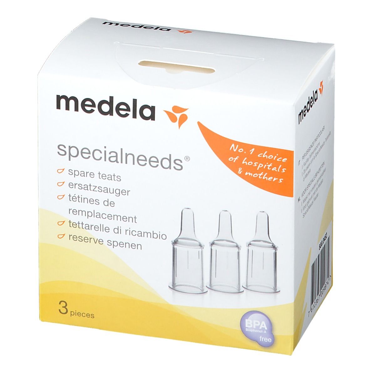 Tétines de remplacement Medela SpecialNeeds en boîte. 3 pièces. Sans BPA. Inscriptions: spare teats, ersatzsauger, tétines de remplacement, tettarelle di ricambio, reserve spenen.