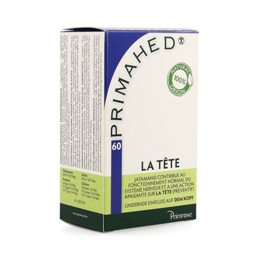 Boîte "Primahed" avec 60 capsules. Texte en français et allemand. Logo vert "Natural 100% Origin".