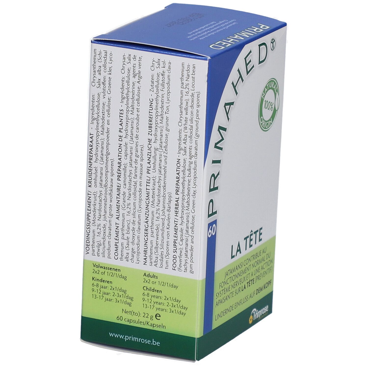 Blauw-witte doos met PRIMAHED-logo en 60 capsules. Tekst: LA TÊTE, NATURAL 100% ORIGIN. Ingrediënten. Primrose-logo.