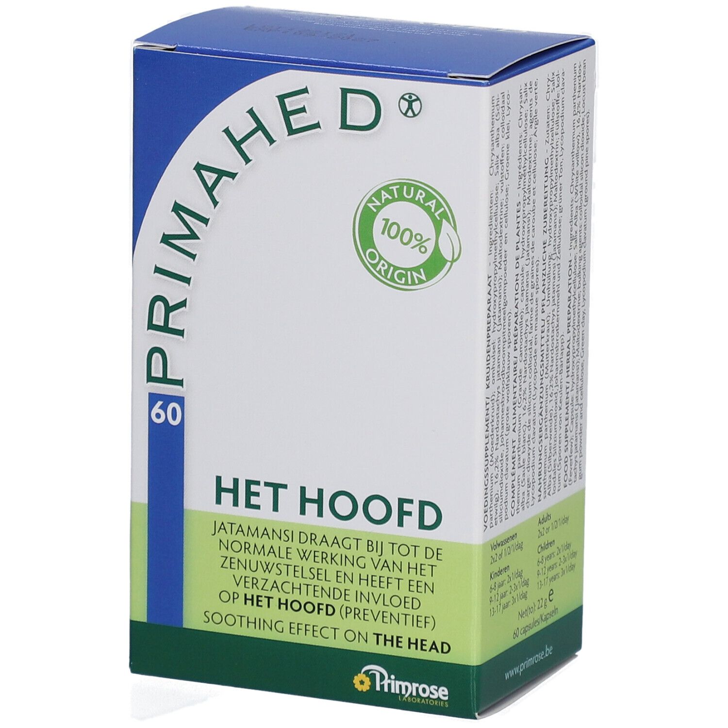Blauw-witte doos met PRIMAHED-logo en 60 capsules. Tekst: HET HOOFD, NATURAL 100% ORIGIN. Primrose-logo.