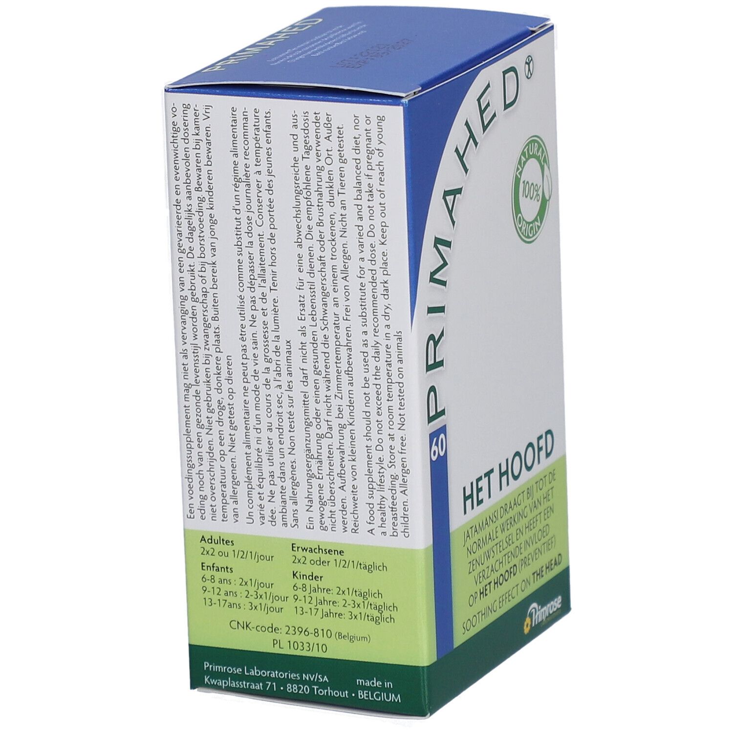 Blauw-witte doos met PRIMAHED-logo en 60 capsules. Tekst: HET HOOFD, NATURAL 100% ORIGIN. Dosering. Primrose-logo.