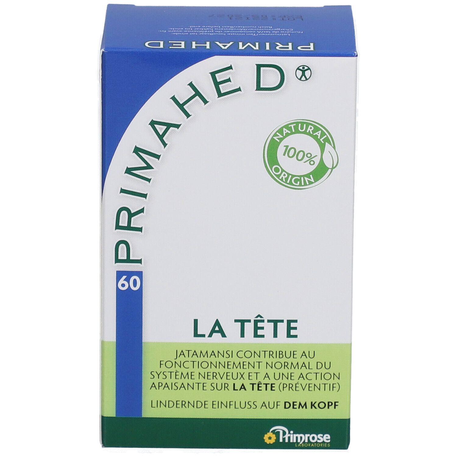 Blauw-witte doos met PRIMAHED-logo en 60 capsules. Tekst: LA TÊTE, NATURAL 100% ORIGIN. Primrose-logo.