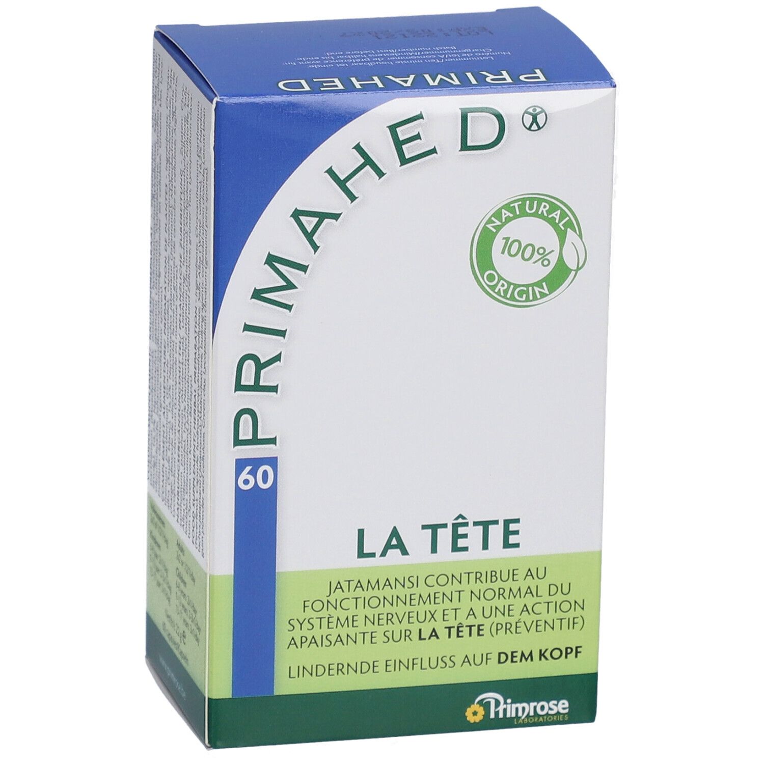 Blauw-witte doos met PRIMAHED-logo en 60 capsules. Tekst: LA TÊTE, NATURAL 100% ORIGIN. Primrose-logo.