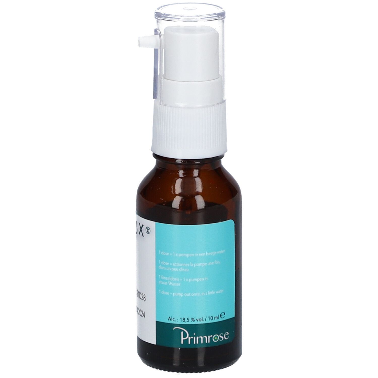 Flacon en verre brun avec pompe blanche. Étiquette avec textes et "PRIMATUX". Contient 18,5% vol/10ml.