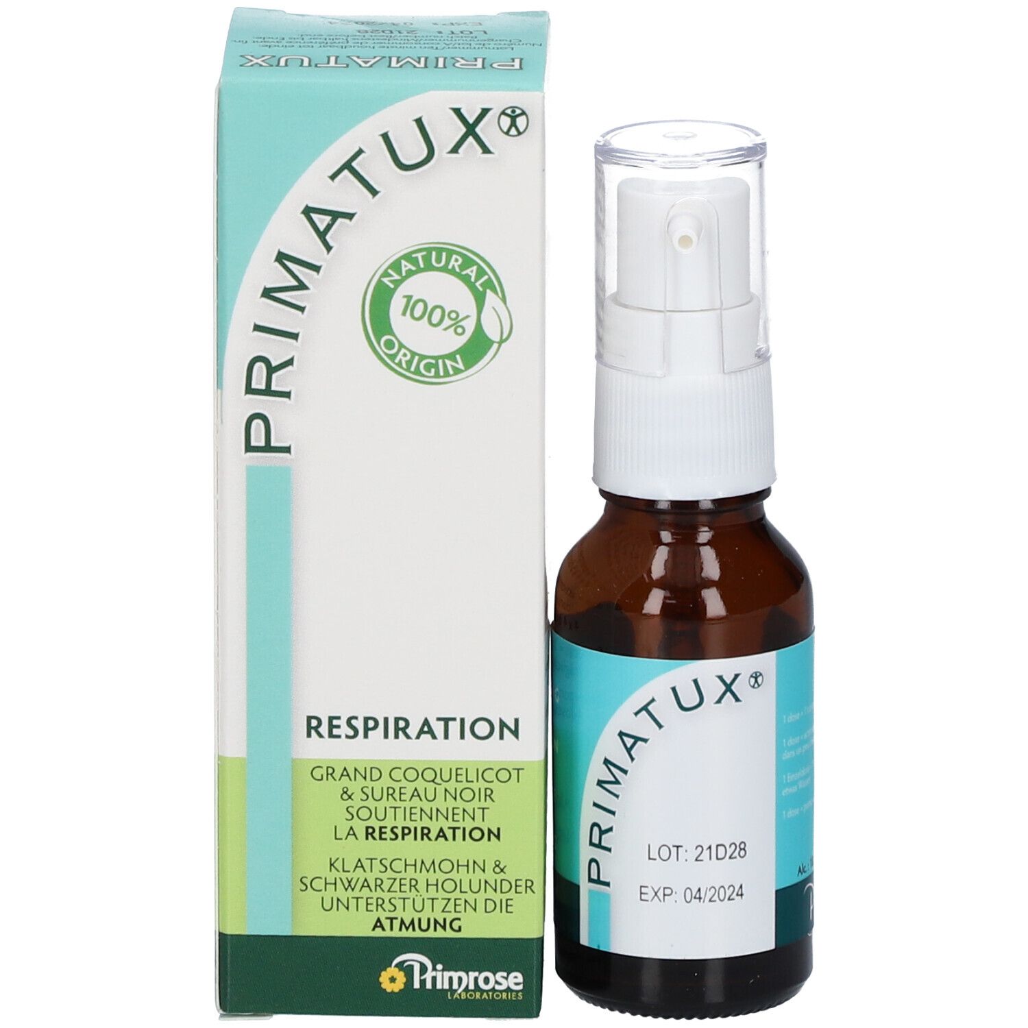 Flacon et emballage. Flacon avec pompe blanche, étiquette "PRIMATUX". Emballage avec texte "RESPIRATION".
