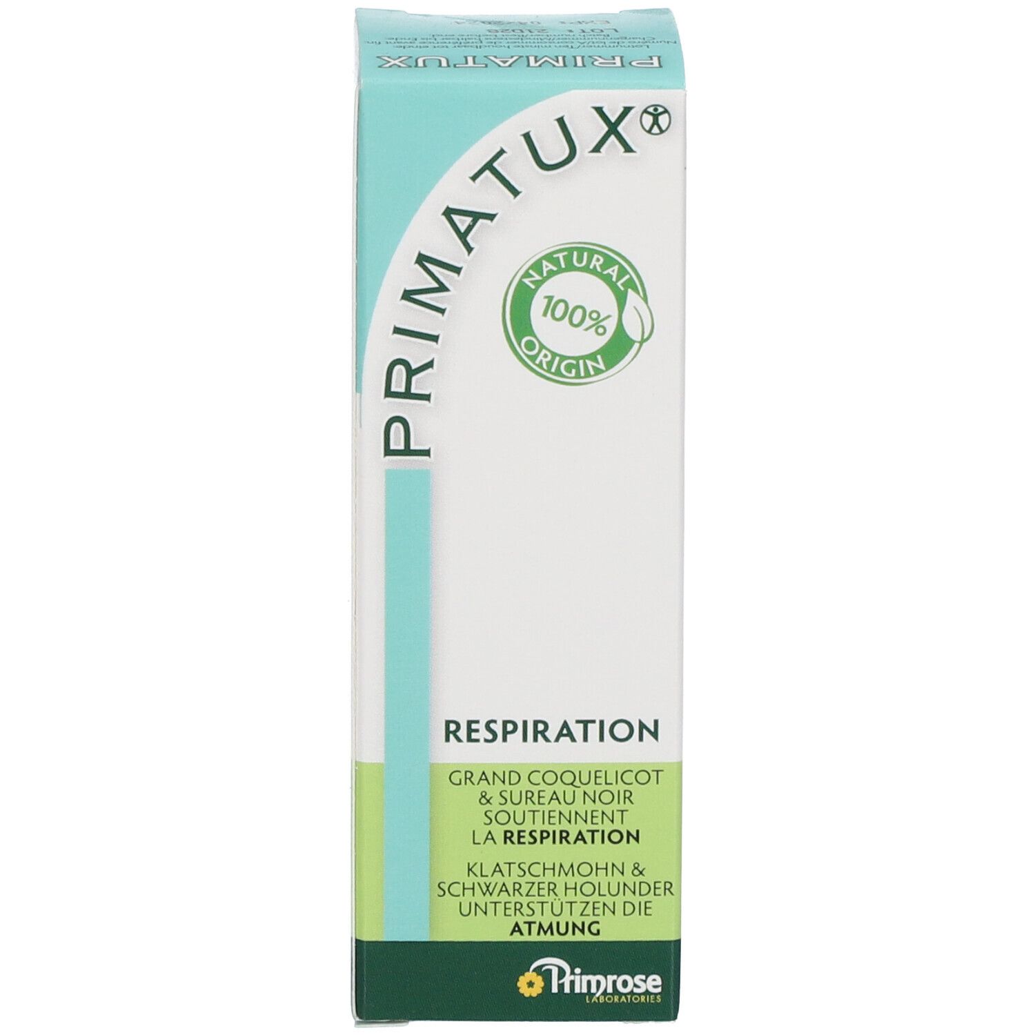 Emballage avec texte "RESPIRATION" et "PRIMATUX". Logo avec "100% NATURAL ORIGIN".