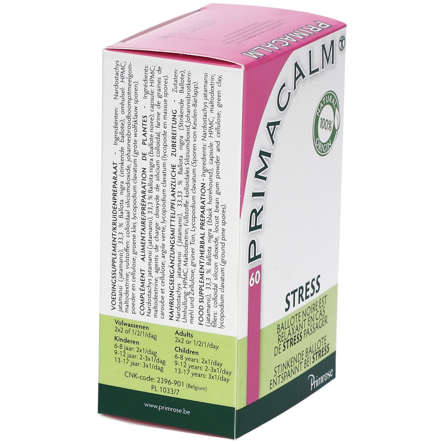 Roze en witte doos met "PRIMACALM" en "60". Groen en wit logo "NATURAL 100% ORIGIN". Tekst "STRESS". Ingrediëntenlijst.