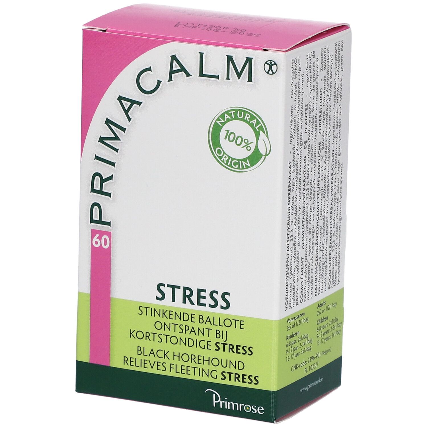 Roze en witte doos met "PRIMACALM" en "60". Groen en wit logo "NATURAL 100% ORIGIN". Tekst "STRESS".