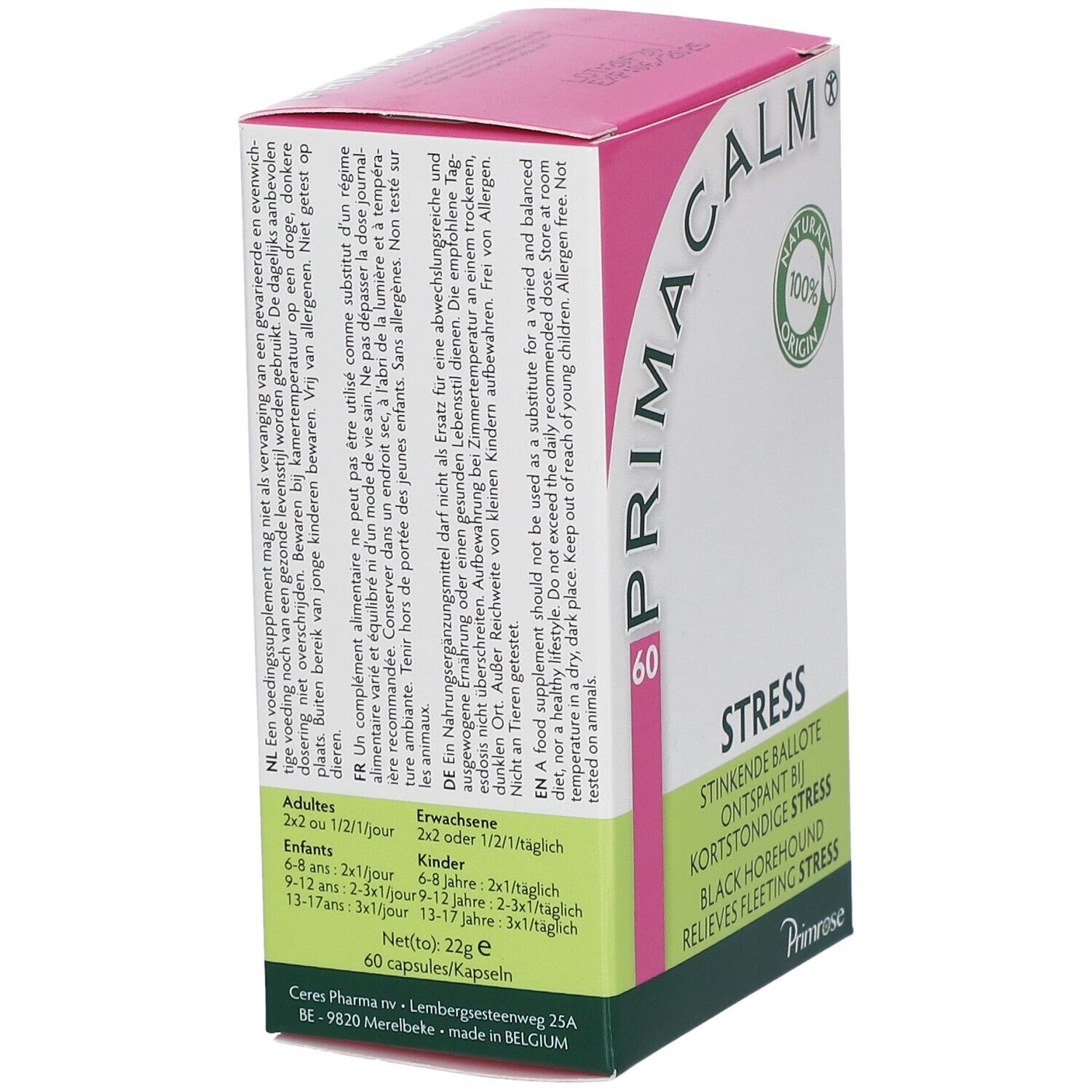 Roze en witte doos met "PRIMACALM" en "60". Groen en wit logo "NATURAL 100% ORIGIN". Tekst "STRESS".
