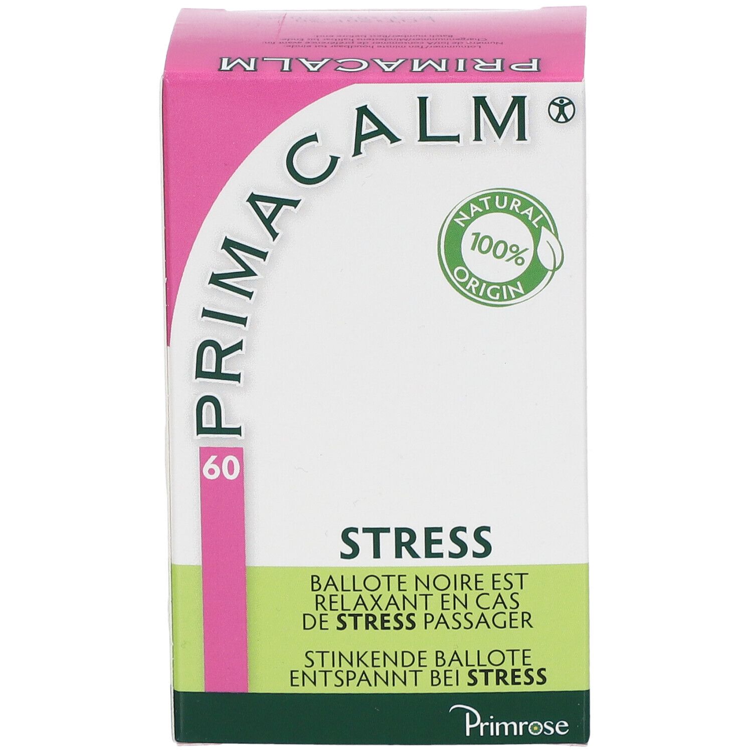 Roze en witte doos met "PRIMACALM" en "60". Groen en wit logo "NATURAL 100% ORIGIN". Tekst "STRESS".