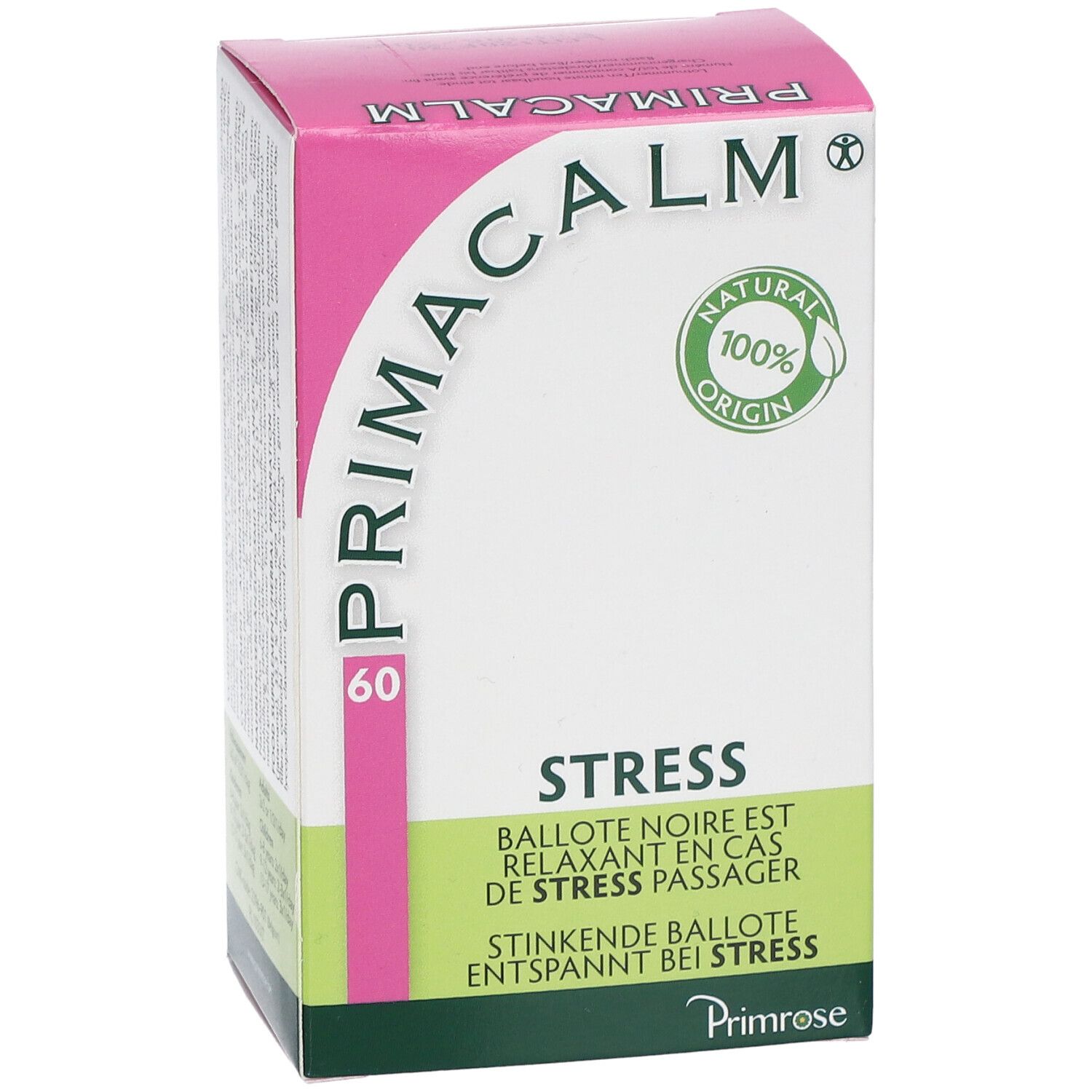 Roze en witte doos met "PRIMACALM" en "60". Groen en wit logo "NATURAL 100% ORIGIN". Tekst "STRESS".