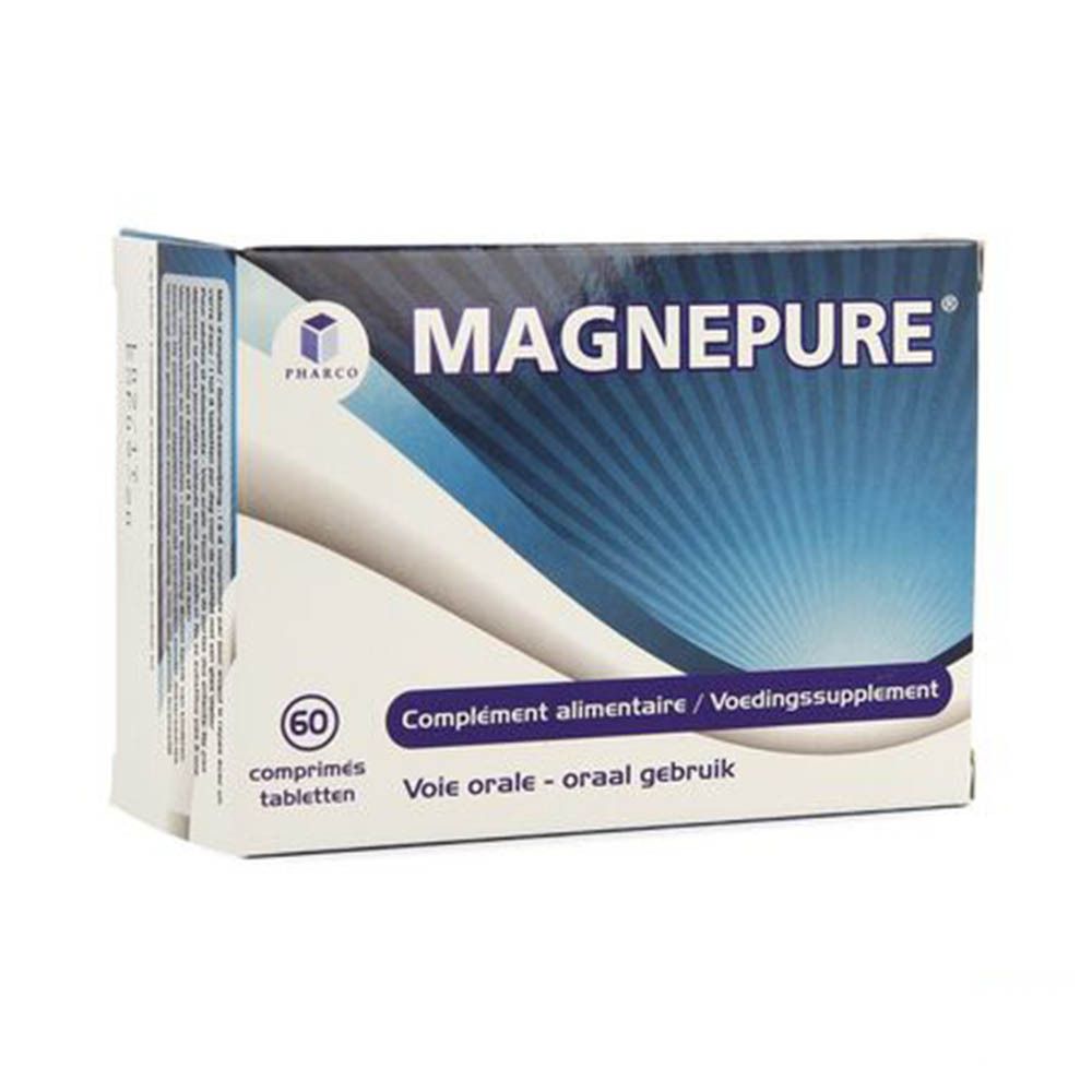 Boîte de MAGNEPURE®. Contient 60 comprimés. Inscription : Complément alimentaire.