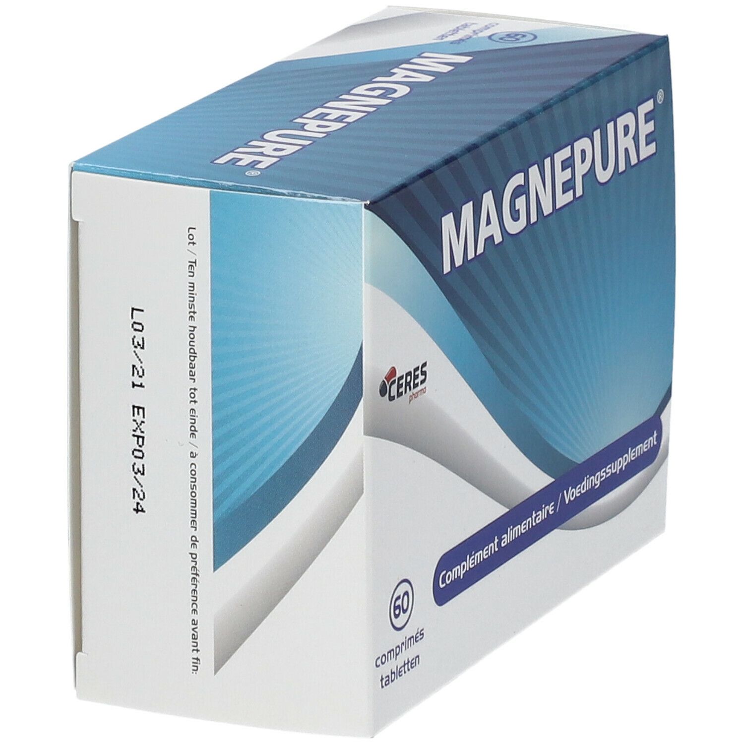 Doosje MAGNEPURE, blauwe en witte kleuren. Opschrift: MAGNEPURE. Ten minste houdbaar tot: 03/24.