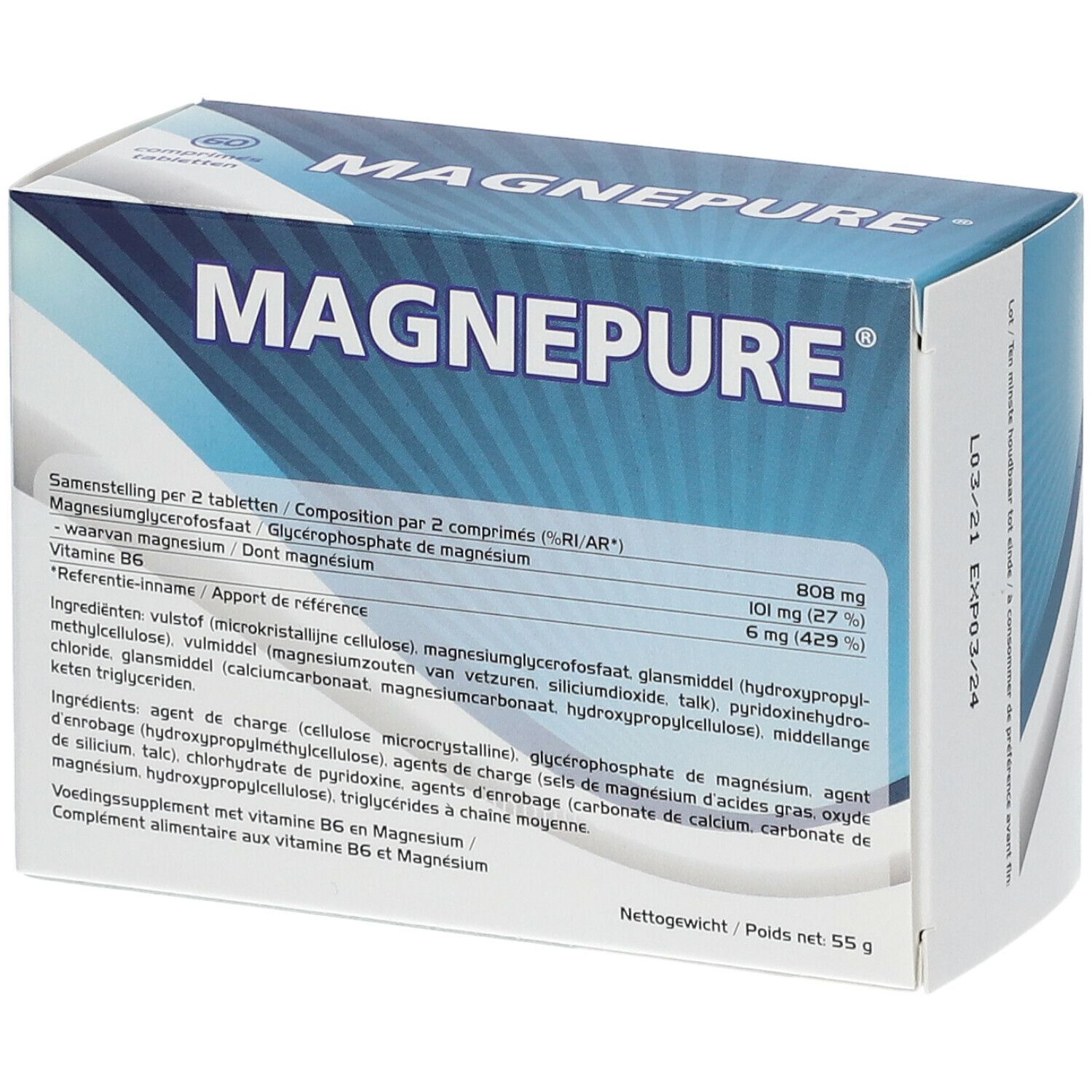 Doosje MAGNEPURE met inhoudsinformatie. Opschrift: MAGNEPURE. Bevat vitamine B6 en magnesium. Nettogewicht: 55 g.