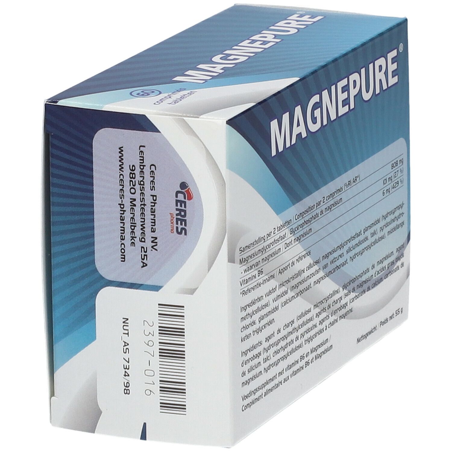 Doosje MAGNEPURE met inhoudsinformatie. Opschrift: MAGNEPURE. Fabrikantenadres: Ceres Pharma. Nettogewicht: 55 g.