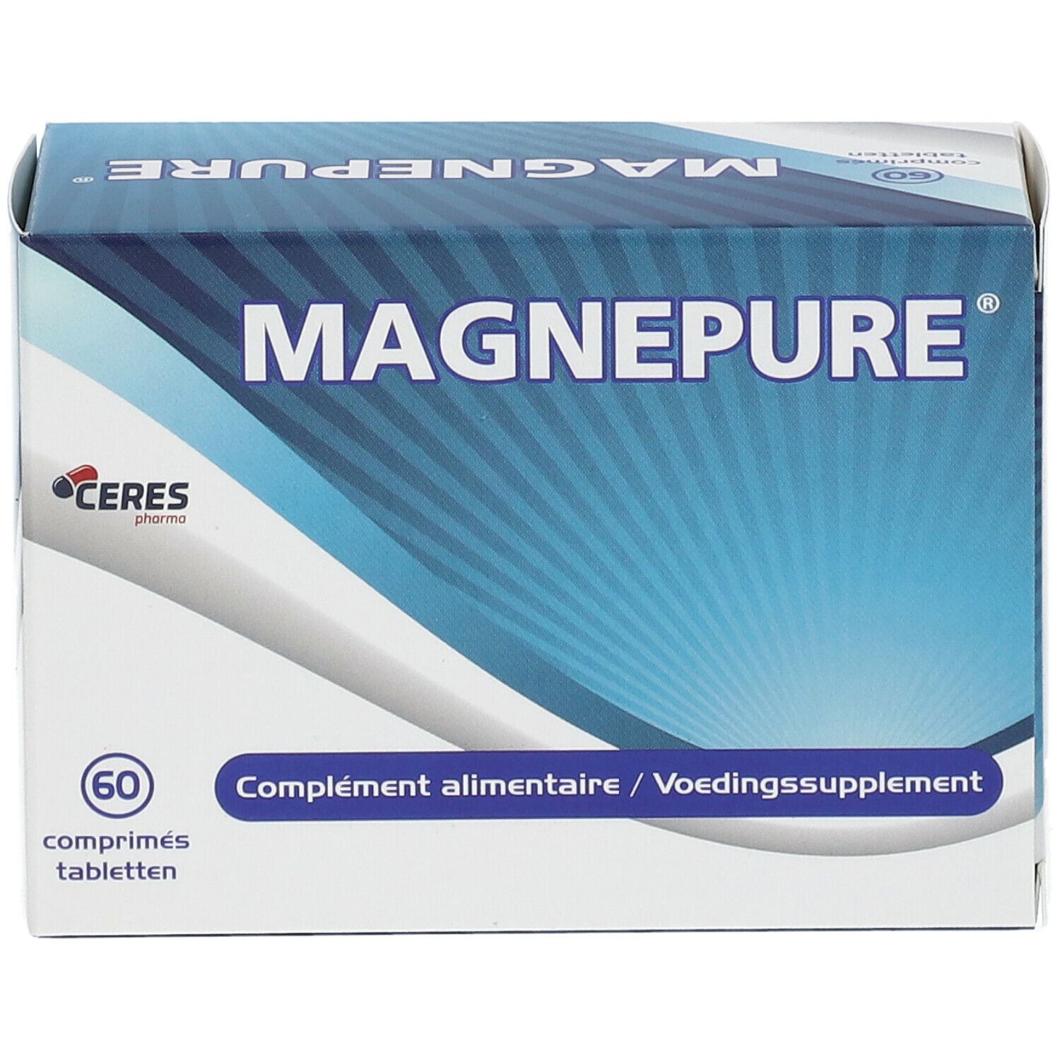 Doosje MAGNEPURE met 60 tabletten. Opschrift: Voedingssupplement. Logo: Ceres Pharma.