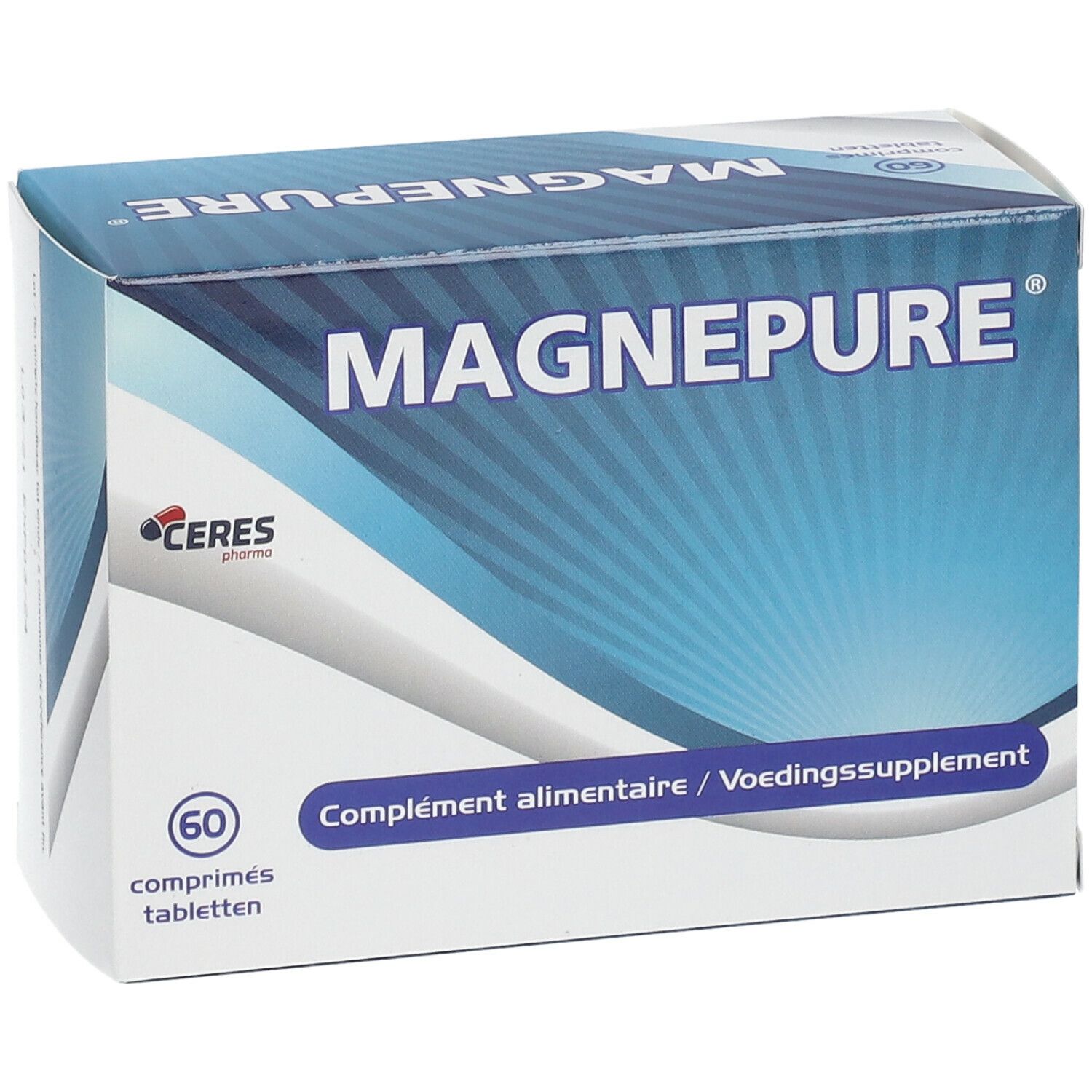 Doosje MAGNEPURE met 60 tabletten. Opschrift: Voedingssupplement. Logo: Ceres Pharma.