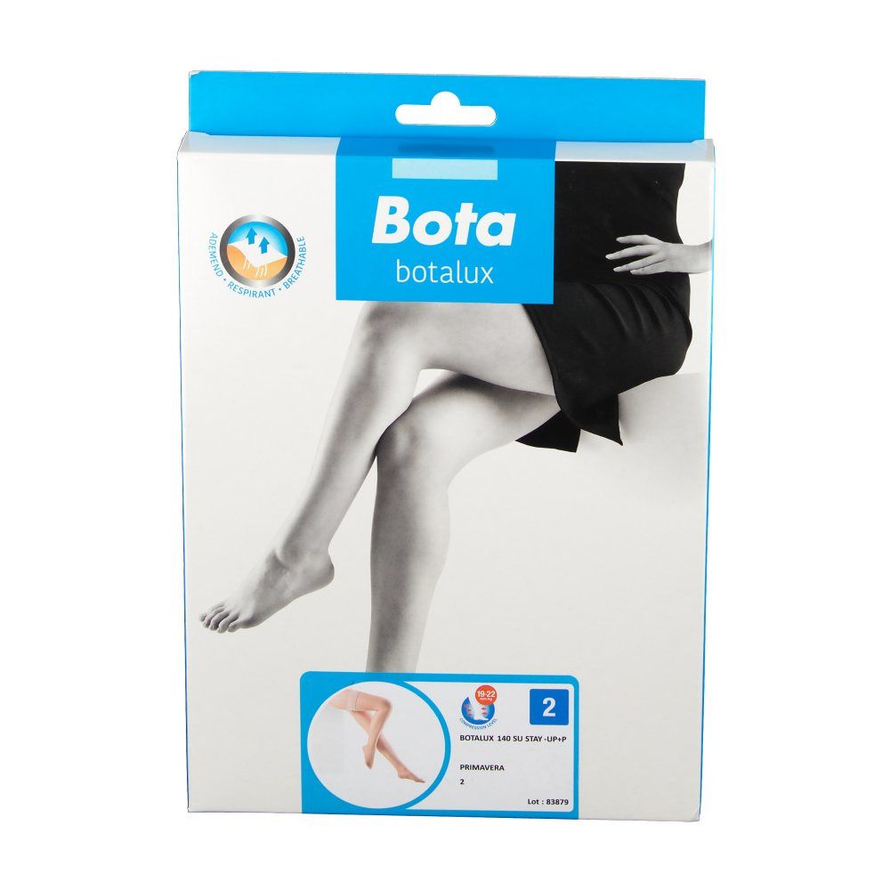 Verpakking van Botalux 140. Op de verpakking staat een vrouw afgebeeld die kousen draagt. Op de verpakking staat "Bota botalux".