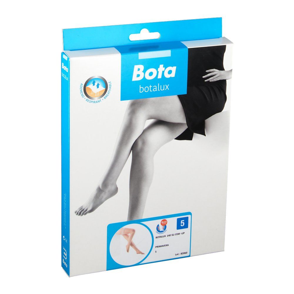 Emballage de bas Botalux. Illustration de jambes. Nom du produit et taille 5.