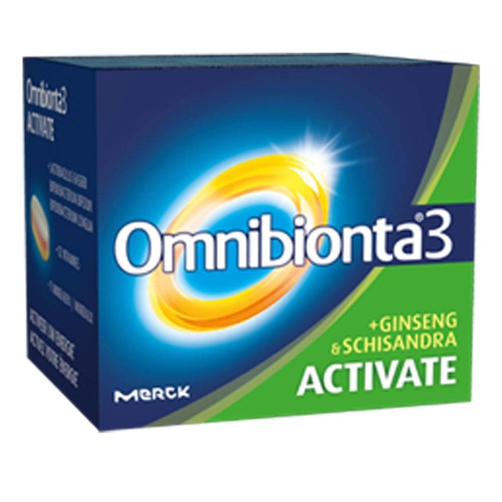 Boîte Omnibionta3 Activate. Bleu, cercle jaune. Texte : +Ginseng & Schisandra, Activate. Logo Merck.