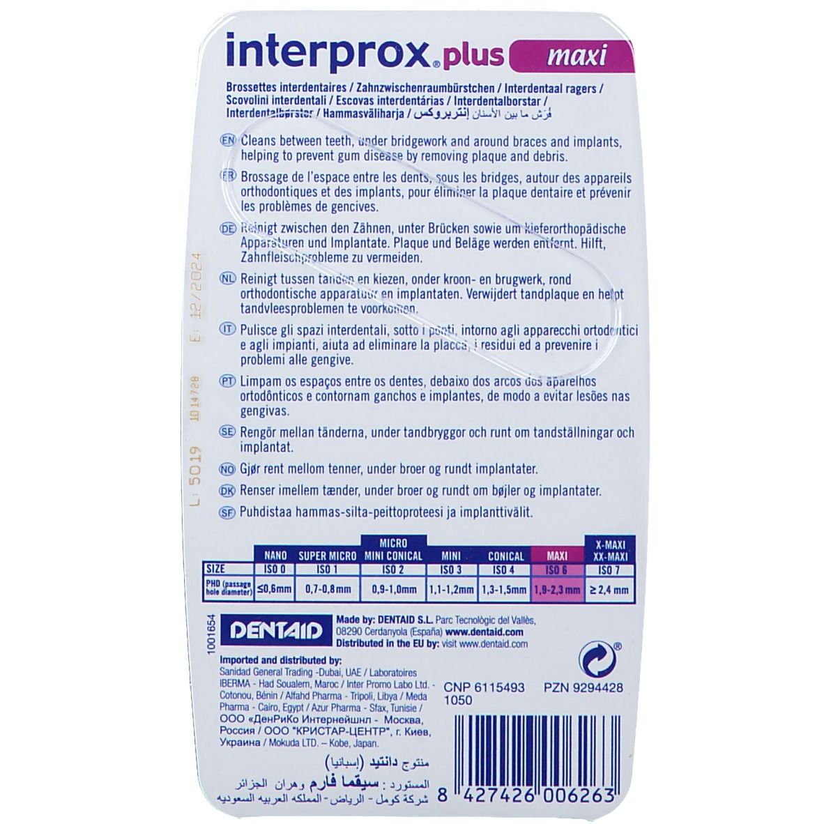 Dos de l'emballage avec informations produit. Texte multilingue, tableau des tailles, coordonnées du fabricant.