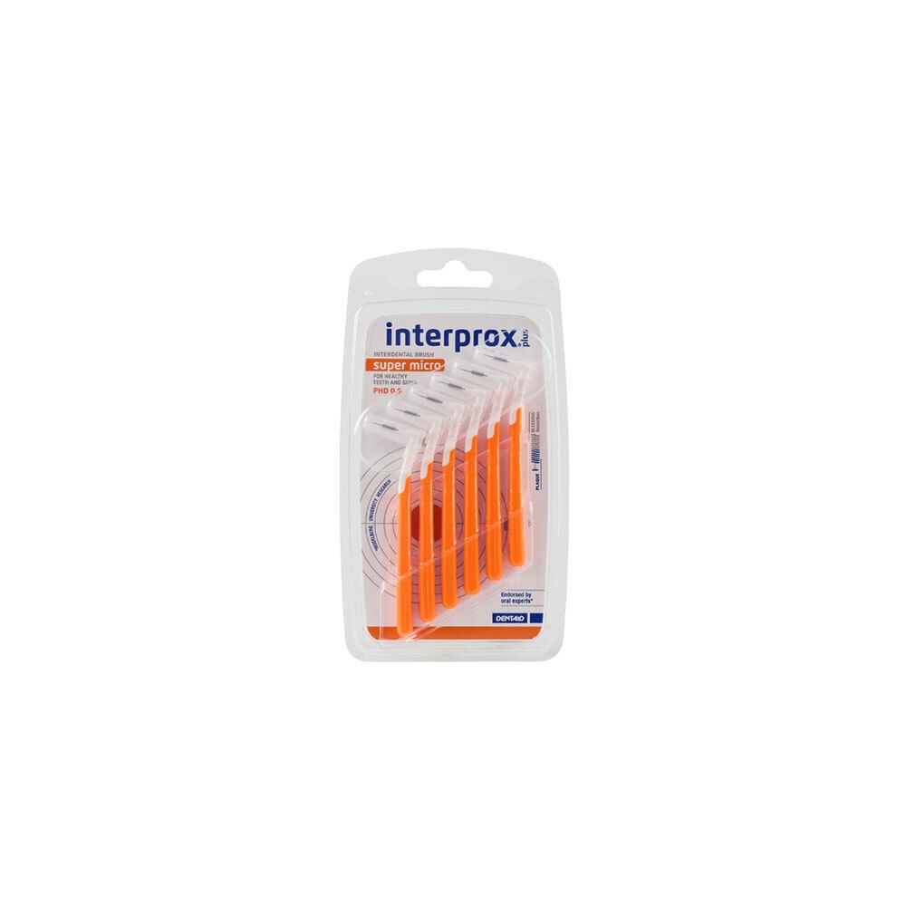 Interprox Plus Super Micro Orange. Blister de 6 brossettes interdentaires. Manches oranges, brins transparents.