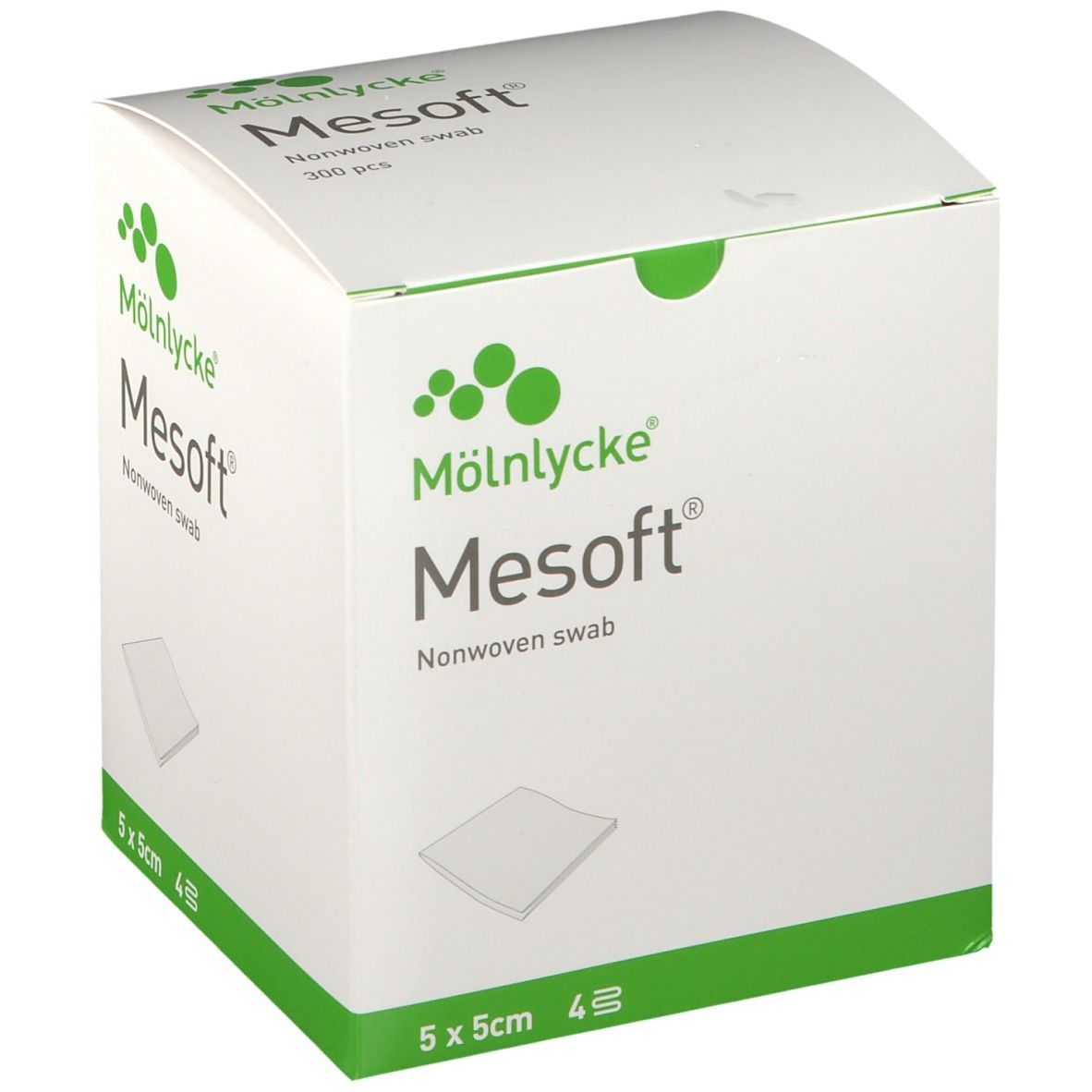 Mesoft®-verpakking. Vierkante doos met logo en productnaam. Afmeting 5x5cm. Bevat 300 stuks.