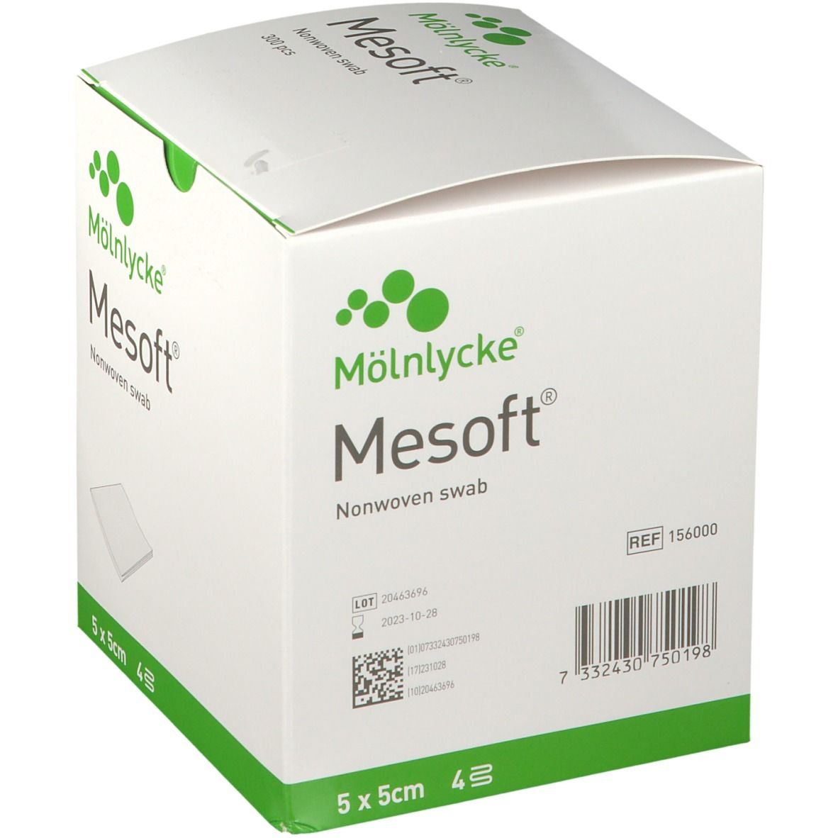 Mesoft®-verpakking. Vierkante doos met logo en productnaam. Afmeting 5x5cm. Barcode en referentienummer.