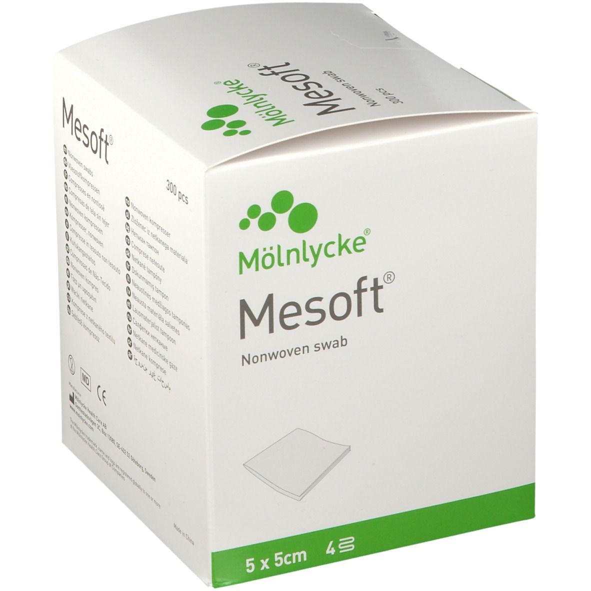 Mesoft®-verpakking. Vierkante doos met logo en productnaam. Afmeting 5x5cm. Bevat 300 stuks.