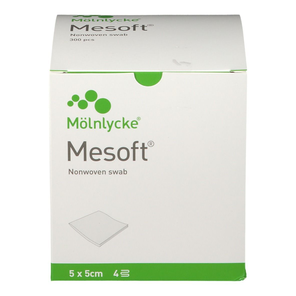 Mesoft®-verpakking. Vierkante doos met logo en productnaam. Afmeting 5x5cm. Bevat 300 stuks.
