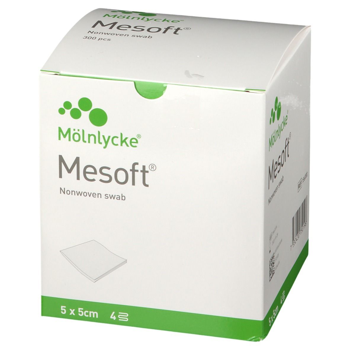 Mesoft®-verpakking. Vierkante doos met logo en productnaam. Afmeting 5x5cm. Bevat 300 stuks.