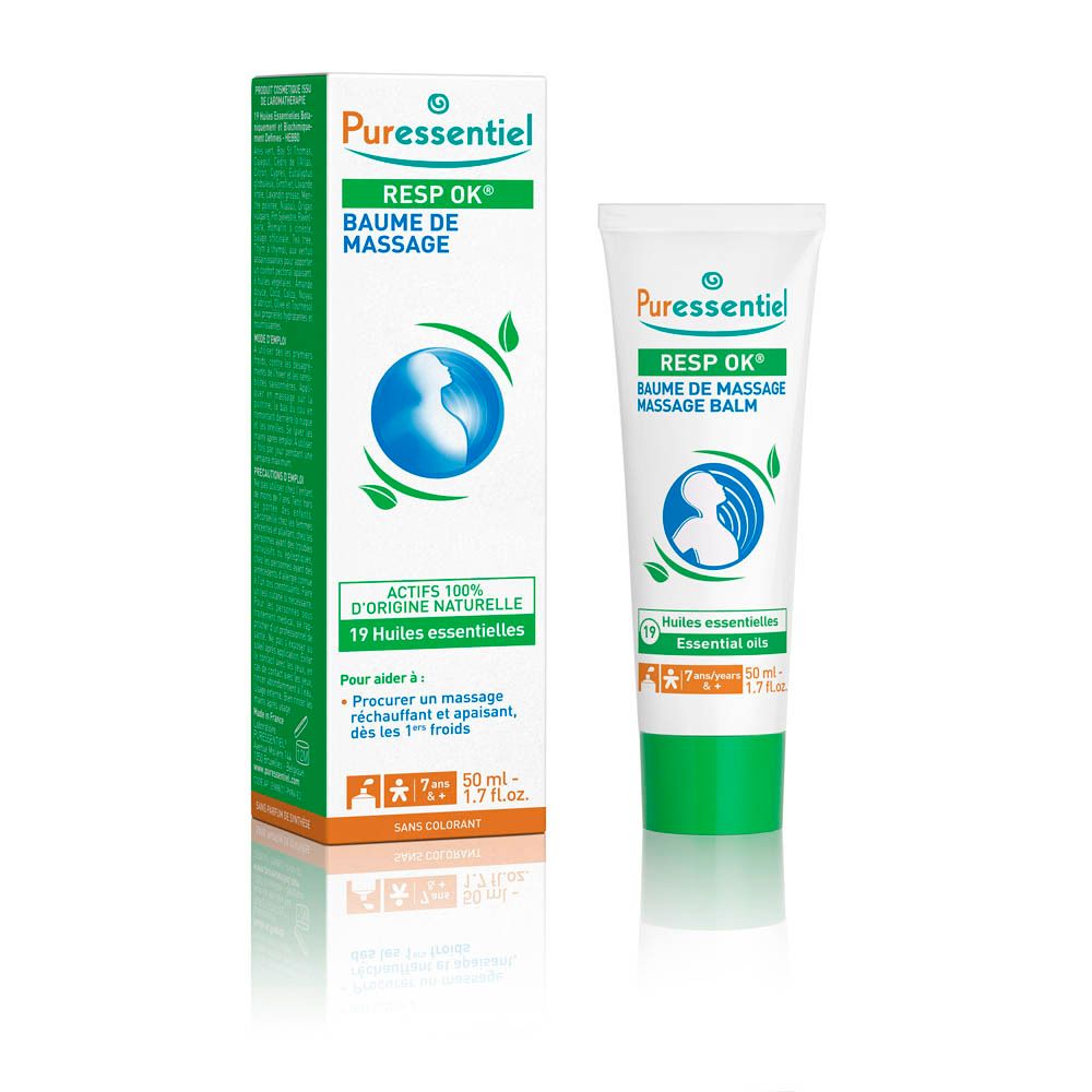 Balsam-Tube und Schachtel. Marke: Puressentiel. Aufschrift: RESP OK, Massage-Balsam. Enthält 19 ätherische Öle. 50 ml.