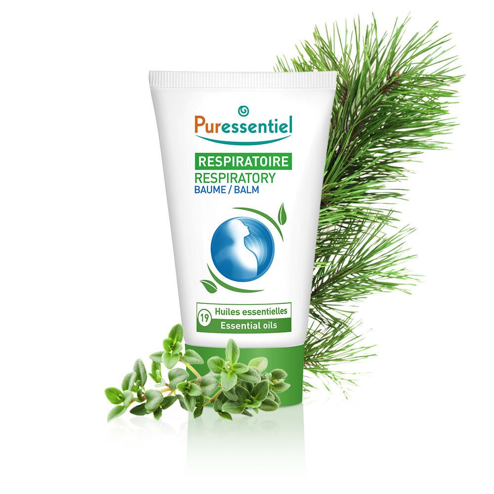 Tube mit Balsam. Marke: Puressentiel. Aufschrift: Respiratoire, Baume/Balsam. Enthält 19 ätherische Öle. Mit Zweig.