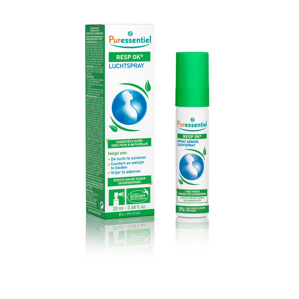 Puressentiel luchtspray en verpakking. Groen en wit. ECOCERT-logo. Tekst: RESP OK, 20 ml.